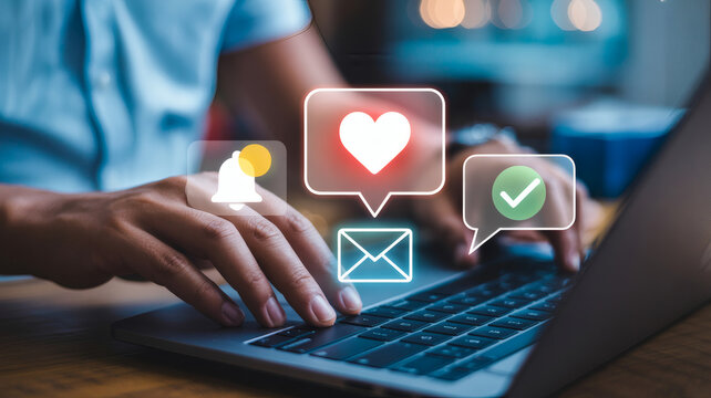 Close up of hands typing on a laptop with social media icons like a heart bell envelope and checkmark appearing above the keyboard symbolizing online engagement and communication