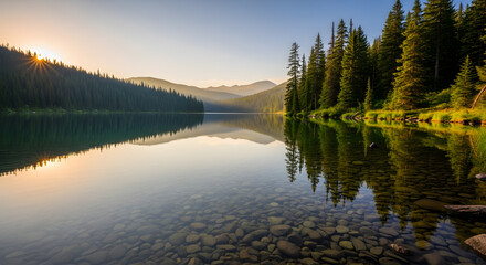 Serene mountain lake at dawn with sunbeams piercing through evergreen forest creating tranquil reflections on crystal clear water