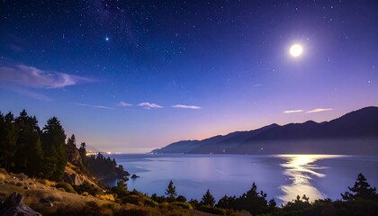 Night view of lake and mountains under moonlit sky