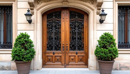 Elegant Wooden Front Door of a Building.