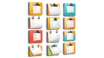 Collection of twelve clipboards isolated on transparent background design