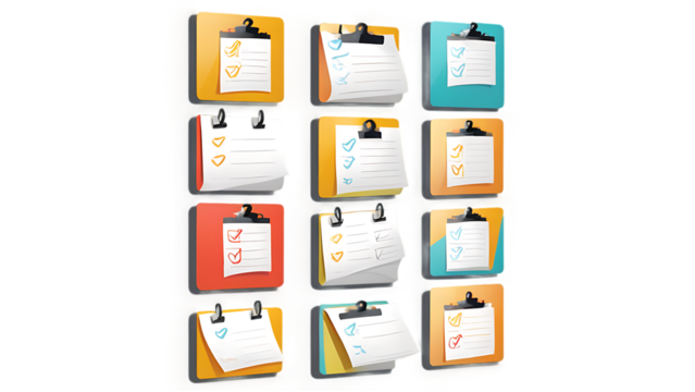 Collection of twelve clipboards isolated on transparent background design