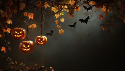 halloween pumpkins hanging on vines with leaves and bats flying in the dark background Generative AI