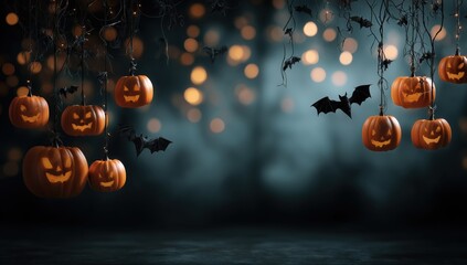 halloween background with pumpkins and bats hanging on vines, a dark room with blurred lights, space for text Generative AI