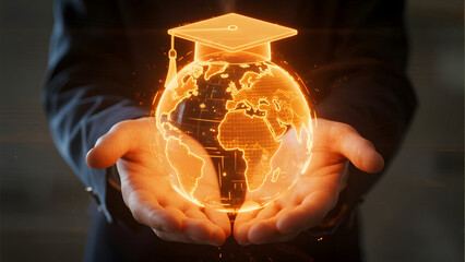 Hands holding a glowing holographic globe with a graduation cap on top