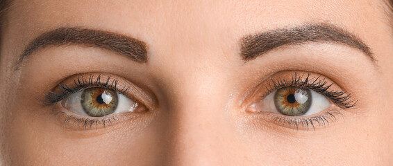 Obraz premium Young woman with beautiful hazel eyes on white background, closeup