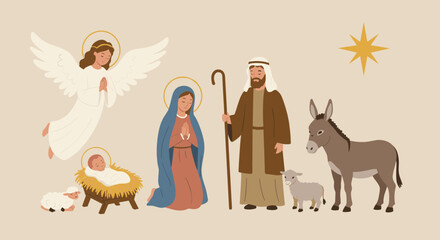 Obraz premium Nativity scene with angel donkey sheep and star isolated on transparent background