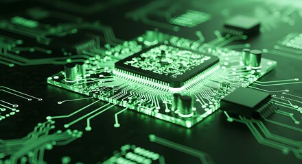 Glowing Green CPU on a Digital Motherboard