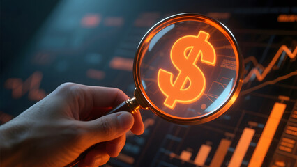 Magnifying glass examining a glowing dollar sign over financial data charts