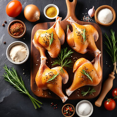 Raw uncooked chicken legs, drumsticks on stone board, meat with ingredients for cooking