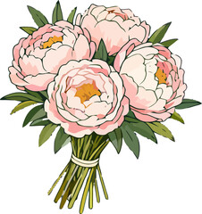 Elegant bouquet of pink peonies with green leaves