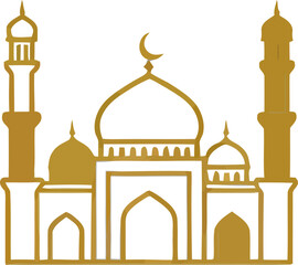 Golden outline of a mosque with minarets and domes