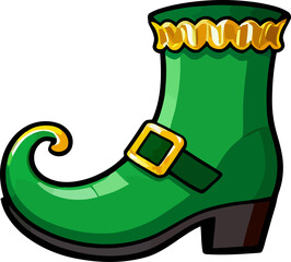 Creative green elf boot with golden accents and curled toe