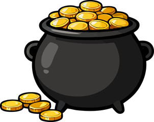 Black pot overflowing with gold coins on a white background
