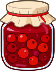 Bright red jam in a glass jar with a fabric cover