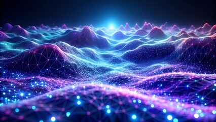 Abstract visualization of a digital landscape with glowing particles forming undulating hills and valleys, representing data flow, artificial intelligence, and complex algorithms