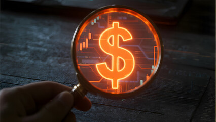 Magnifying glass examining glowing digital dollar sign on circuit board background