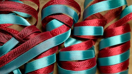 Fototapeta premium Vibrant turquoise and burgundy ribbons create a festive holiday feeling with elegant swirls and texture, perfect for gift wrapping and seasonal designs
