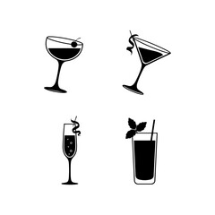 Vector art of collection of four different cocktail glasses, including martini, champagne, and highball glasses