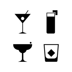 Vector art of set of four different cocktail glasses, including martini, margarita, highball, and old fashioned glasses