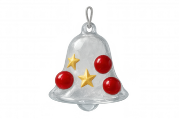 Glass christmas bell ornament with red balls and golden stars, festive holiday decoration with transparent background