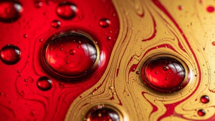 Zoom Efek gelembung campuran air, cat dan minyak berwarna emas dan merah
