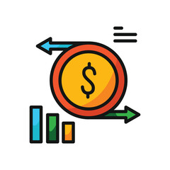A stylized illustration depicting a coin with a dollar sign arrows and bar graph elements