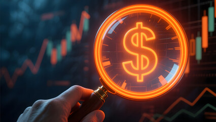 Magnifying glass focused on glowing dollar sign over stock market chart