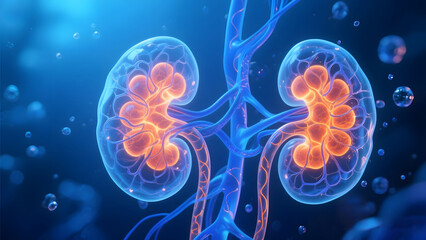 Close up of human kidneys with glowing internal structures and blood vessels