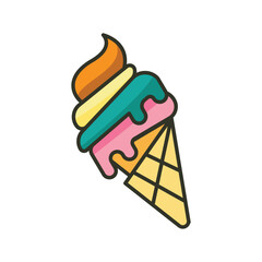 A stylized ice cream cone with three scoops of colorful ice cream and a waffle cone