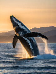 Majestic humpback whale breaching ocean surface during golden hour sunset
