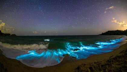 Nighttime beach scene with bioluminescent waves