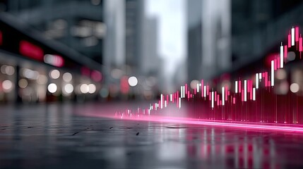 Futuristic Stock Market Graph with Rising Pink Bars on Wet Urban Street with Blurred Buildings Finance Technology Visual