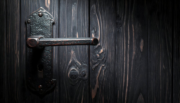 Antique door handle with dark rustic wooden planks evoking mystery and secret passage, ideal for historical or suspenseful themes