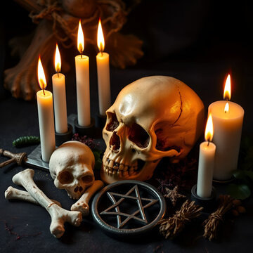 Witchcraft composition with burning candles, human skull, bones, herbs and pentagram symbol. Halloween and occult concept, black magic ritual.