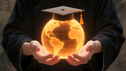 Hands holding glowing holographic globe with graduation cap symbolizing global education