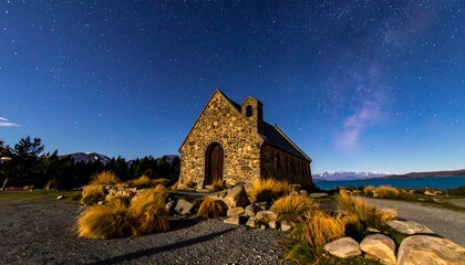 Nighttime church by lake, starry sky