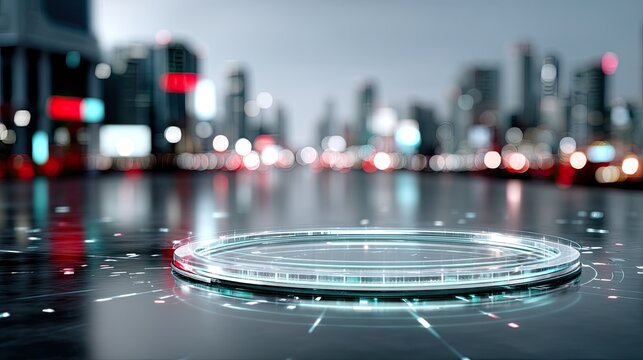 Futuristic Hologram Interface on Dark Surface with Cityscape Background and Glowing Particles Creating Technological Atmosphere