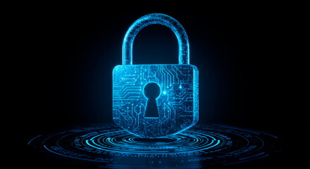 Illuminated digital padlock with electronic circuit on black background