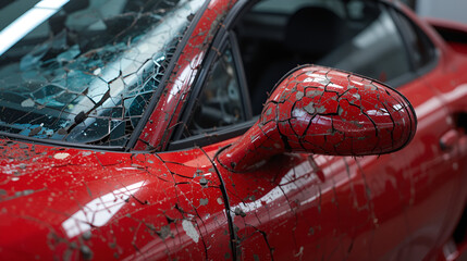 Red sports car with smashed fender and cracked side mirror, detailed textures of dents and broken paint captured under garage lighting