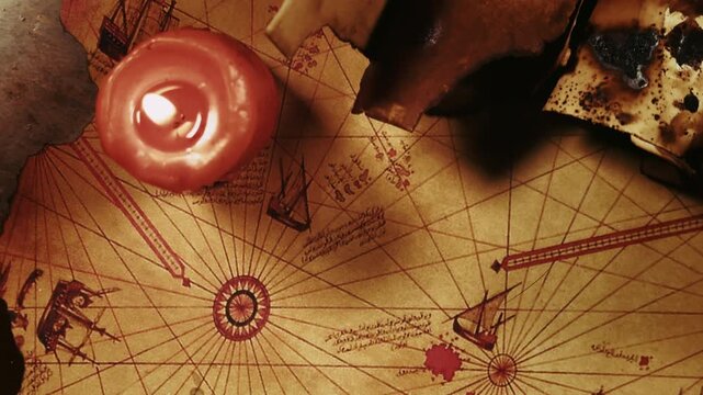An Old First Map of Piri Reis on Parchment in Candle Light