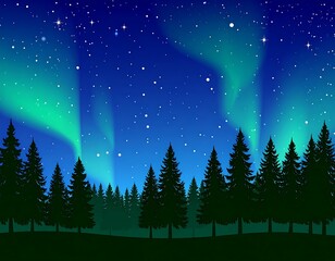 Nighttime forest with aurora borealis