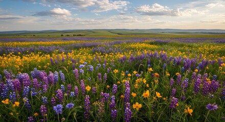 Floral Symphony: A vibrant tapestry of wildflowers paints the landscape with hues of yellow and purple, under a serene sky and a gentle breeze, nature's artistry in full bloom.