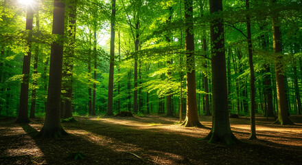 Obraz premium Sun-drenched forest path bathed in warm golden light, creating a serene and inviting natural sanctuary for peaceful exploration.