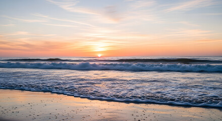 Golden hour ocean waves gently kiss sandy shore under a pastel sky creating tranquil serenity for peaceful meditation and relaxation moments