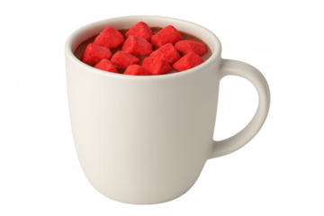 Hot chocolate with red heart marshmallows in mug