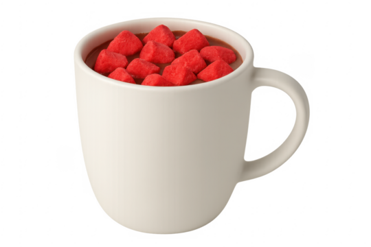 Hot chocolate with red heart marshmallows in mug