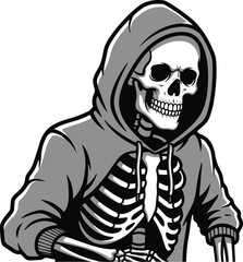 A striking grayscale pixel art illustration of a skeleton wearing a hooded sweatshirt. 