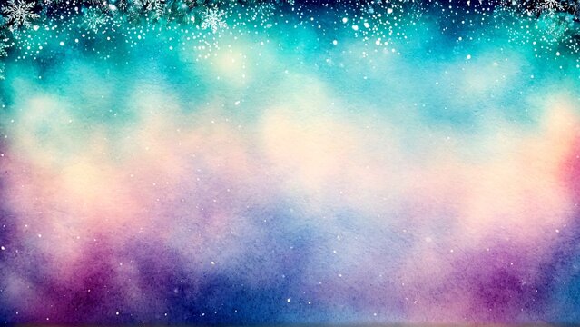 Whimsical winter wonderland background with soft falling snow and gradient hues of teal, pink, and purple evokes magical holiday enchantment. - Powered by Adobe