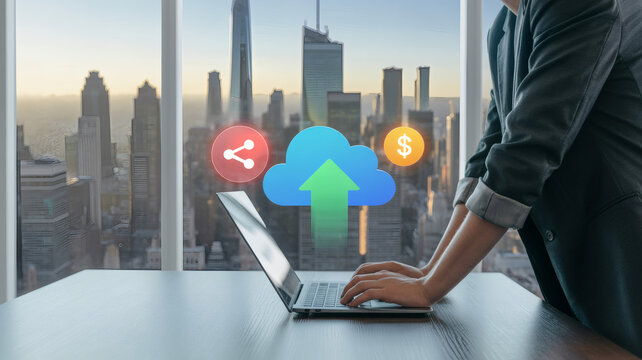 Business professional using a laptop with cloud computing icons and city skyline background representing digital transformation and data storage solutions